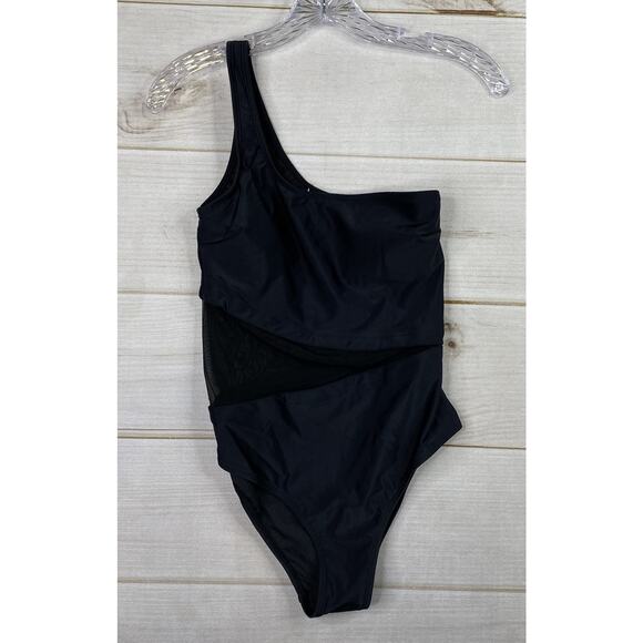 CUPSHE One Piece Swimsuit Sz S Black One Shoulder Mesh Panel Slimming NWT - Picture 1 of 5